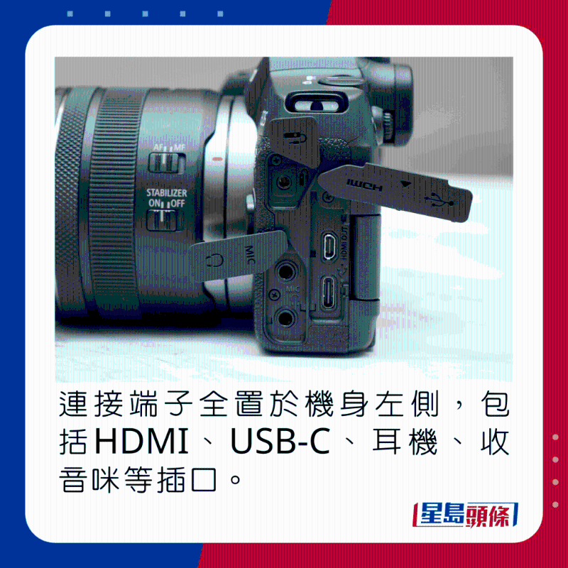 連接端子全置于機身左側(cè)，包括HDMI、USB-C、耳機、收音咪等插口。