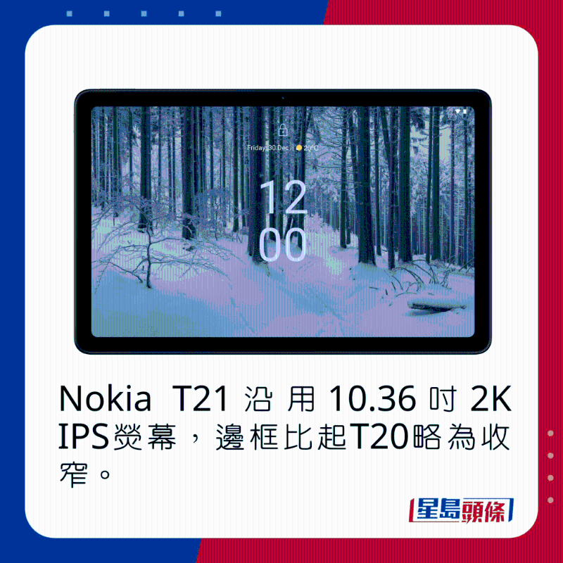 Nokia T21沿用10.36吋2K IPS熒幕，邊框比起T20略為收窄。