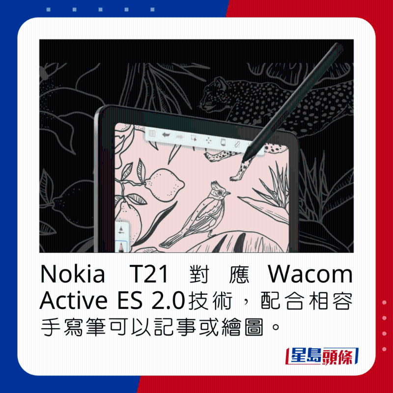 Nokia T21對應(yīng)Wacom Active ES 2.0技術(shù)，配合兼容手寫筆可以記事或繪圖。