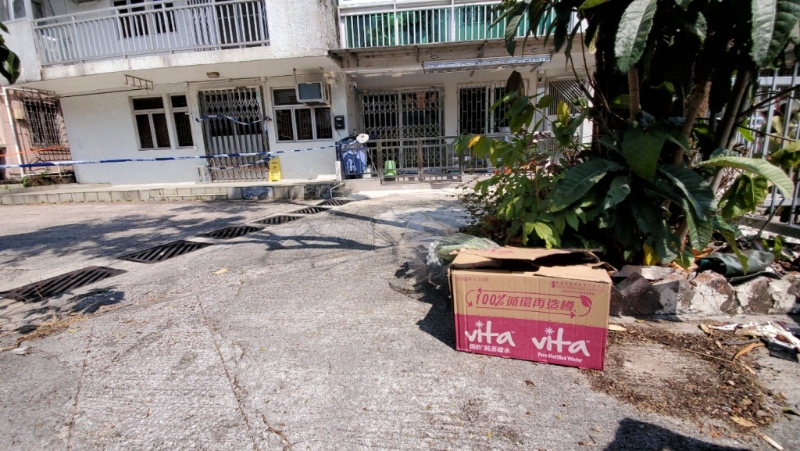 距進(jìn)兇案單位約50米外，有人在樹下擺放一個(gè)紙箱，箱內(nèi)放有一束鮮花，悼念女死者蔡天鳳的不幸離世。 （楊偉亨攝）