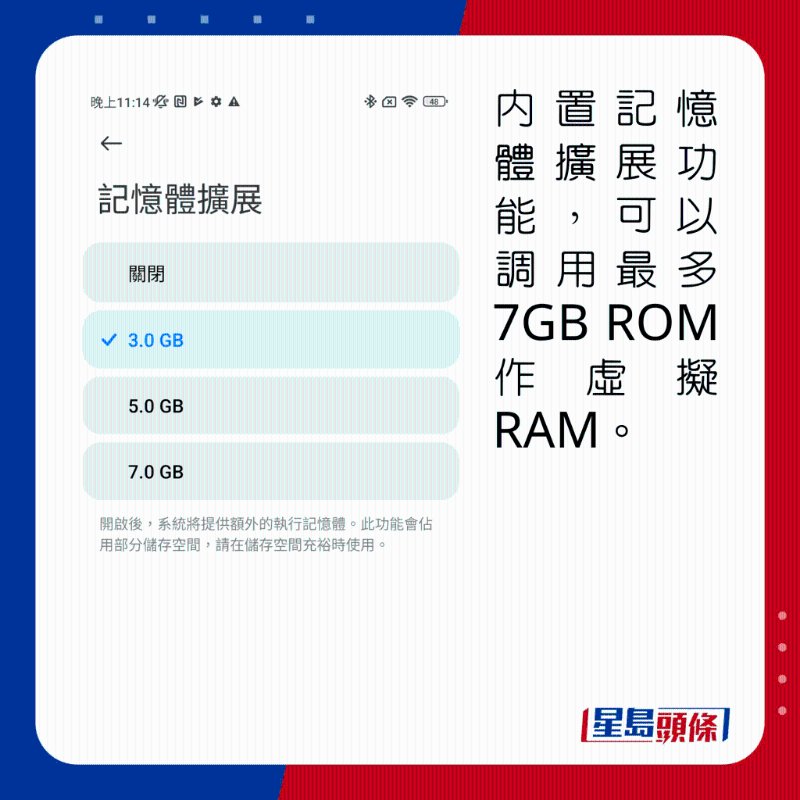 內(nèi)置記憶體擴展功能，可以調(diào)用最多7GB ROM作虛擬RAM。