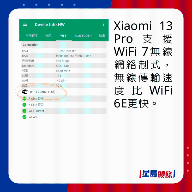 Xiaomi 13 Pro支持WiFi 7無線網(wǎng)絡制式，無線傳輸速度比WiFi 6E更快。