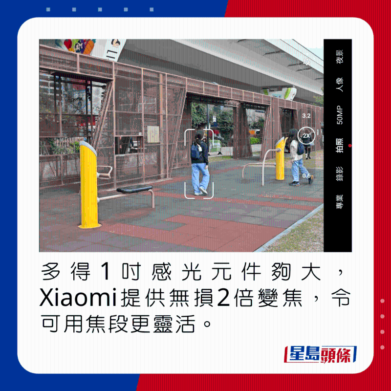 多得1吋感光元件夠大，Xiaomi提供無損2倍變焦，令可用焦段更靈活。