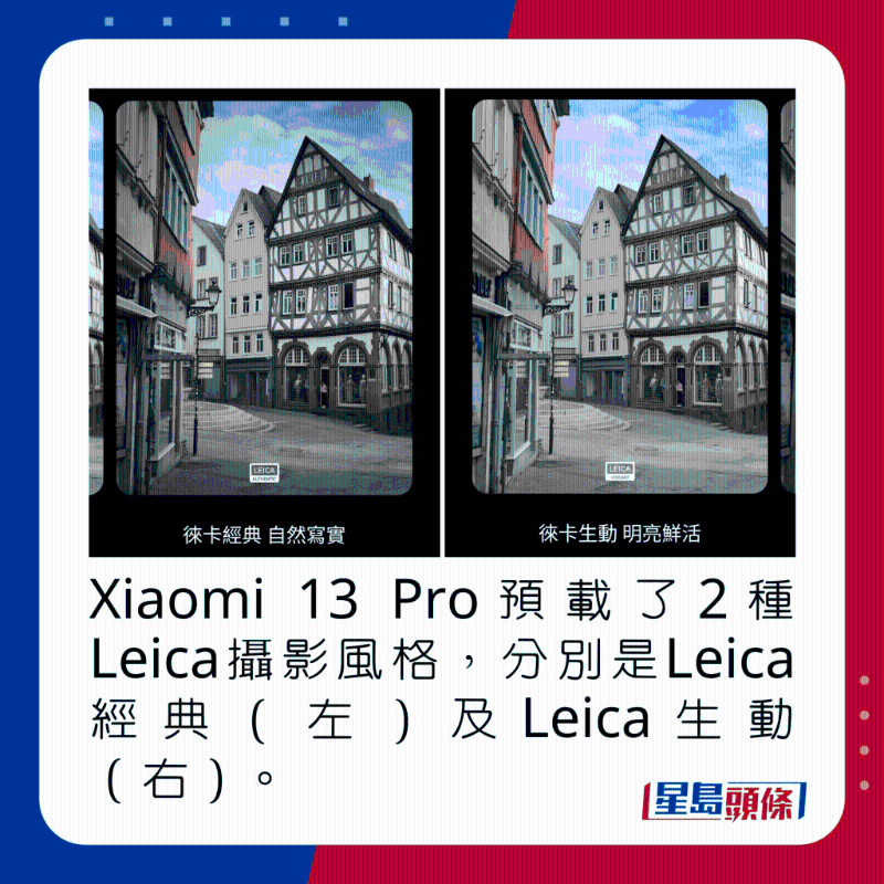 Xiaomi 13 Pro預載了2種Leica攝影風格，分別是Leica經(jīng)典（左）及Leica生動（右）。