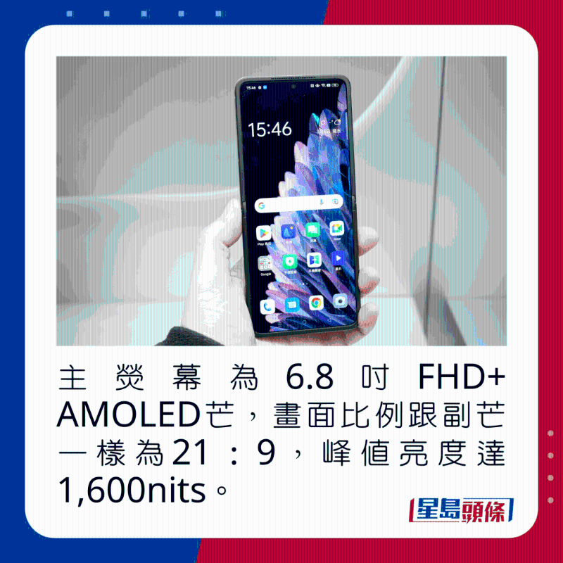 主熒幕為6.8吋FHD+ AMOLED芒，畫面比例跟副芒一樣為21：9，峰值亮度達1，600nits。