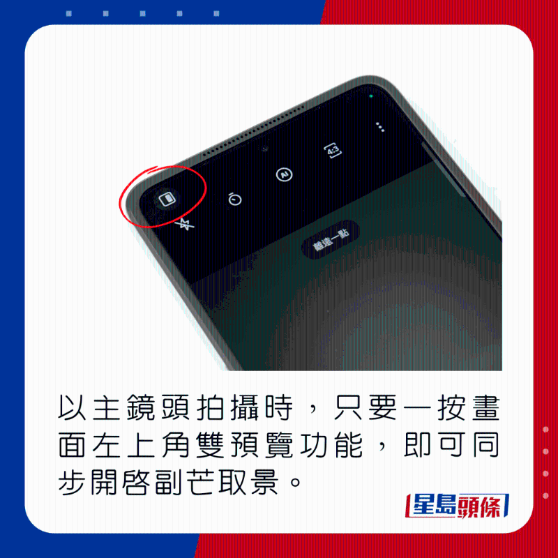 以主鏡頭拍攝時，只要一按畫面左上角雙預覽功能，即可同步開啟副芒取景。