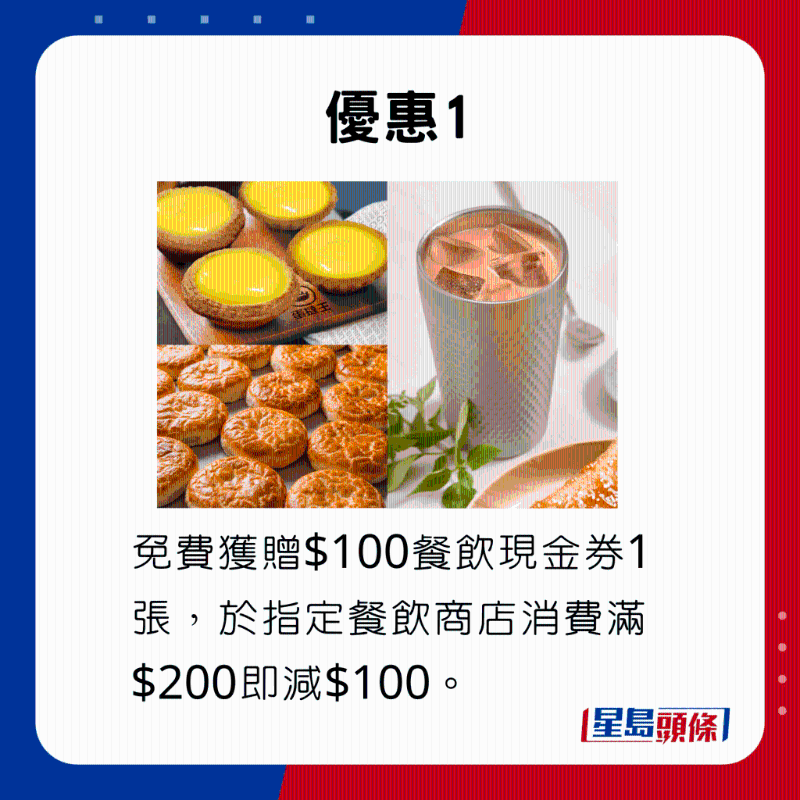 優(yōu)惠1，免費獲贈$100餐飲現(xiàn)金券1張，于指定餐飲商店消費滿$200即減$100。