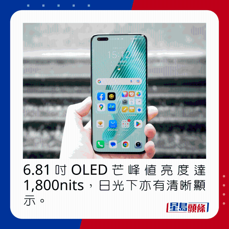 6.81吋OLED芒峰值亮度達(dá)1，800nits，日光下亦有清晰顯示。