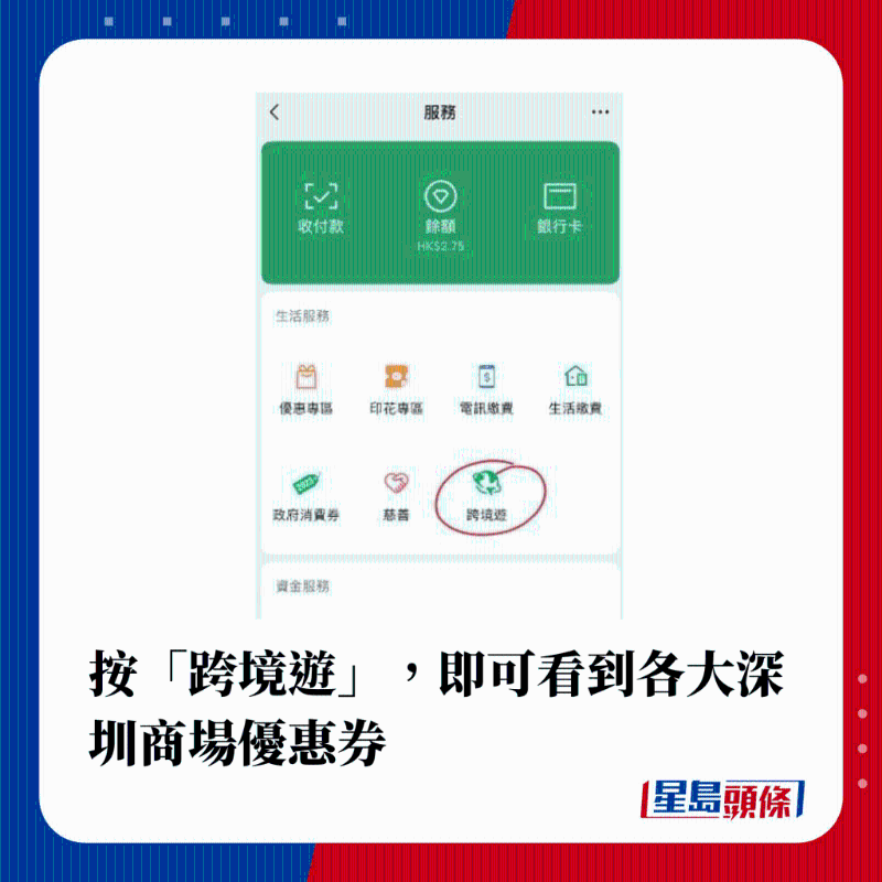 按“跨境游”，進(jìn)入“商場(chǎng)名字”頁面，即可領(lǐng)取6大商場(chǎng)優(yōu)惠券