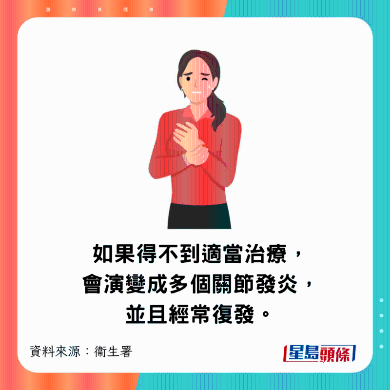 如果得不到適當(dāng)治療，會演變成多個關(guān)節(jié)發(fā)炎，并且經(jīng)常復(fù)發(fā)。