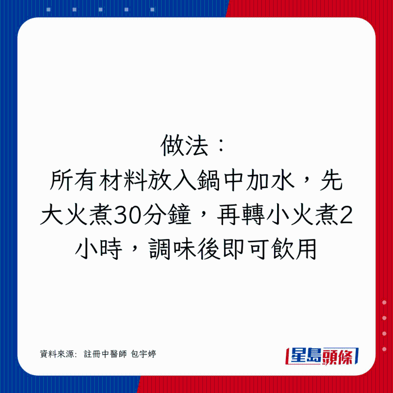 所有材料放入鍋中加水，先大火煮30分鐘，再轉(zhuǎn)小火煮2小時(shí)，調(diào)味后即可飲用