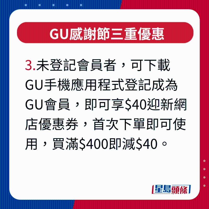 GU感謝節(jié)三重優(yōu)惠，未登記會員者，可下載GU手機應(yīng)用程序登記成為GU會員，即可享$40迎新網(wǎng)店優(yōu)惠券，首次下單即可使用，買滿$400即減$40。