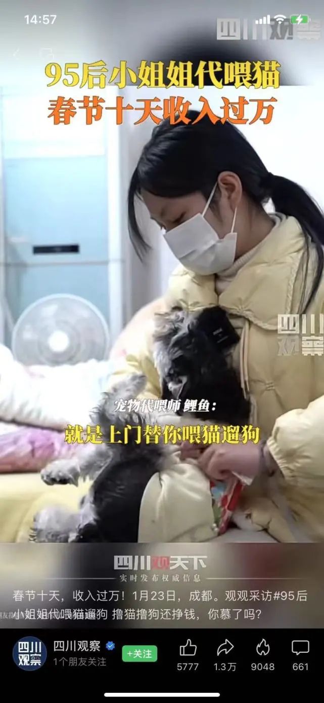 內(nèi)地寵物經(jīng)濟(jì)的興起，寵物上門(mén)喂食師等副業(yè)也隨即興起，有人在小紅書(shū)上表示10日收入過(guò)萬(wàn)。