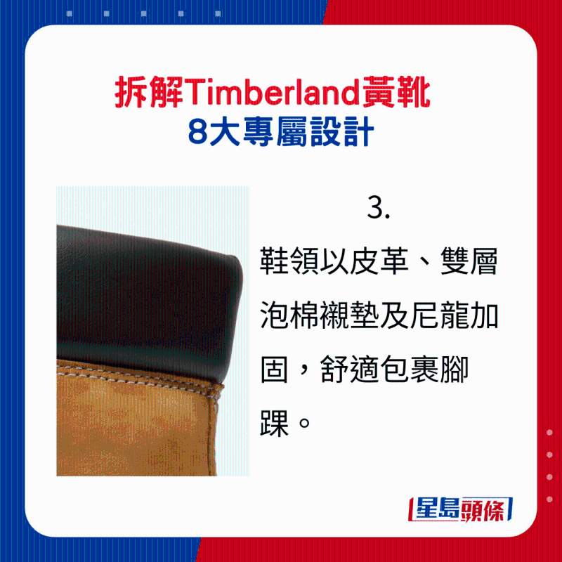 Timberland黃靴8大專屬設(shè)計(jì)3.：鞋領(lǐng)以皮革、雙層泡棉襯墊及尼龍加固，舒適包裹腳踝。