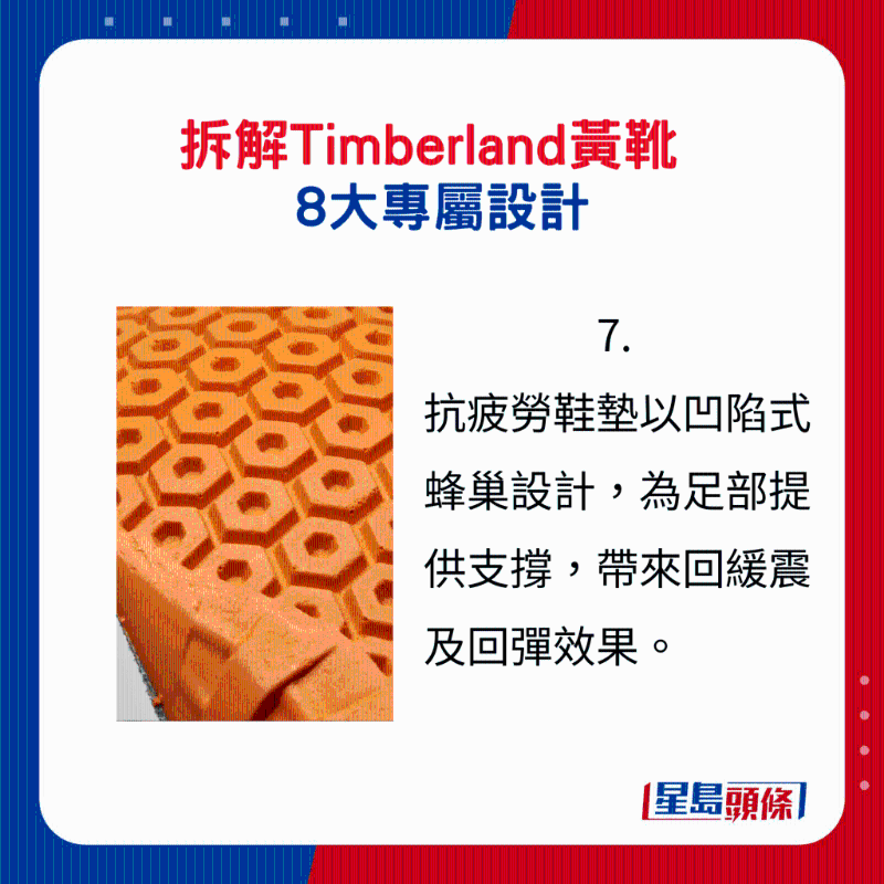 Timberland黃靴8大專屬設(shè)計(jì)7.：抗疲勞鞋墊以凹陷式蜂巢設(shè)計(jì)，為足部提供支撐，帶來(lái)回緩震及回彈效果。