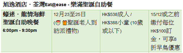 旭逸酒店. 荃灣 Eat@ease圣誕自助餐原價及優(yōu)惠。