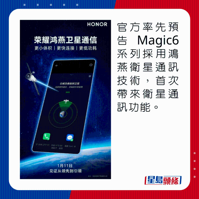 官方率先預(yù)告Magic6系列採用鴻燕衛(wèi)星通訊技術(shù)，首次帶來衛(wèi)星通訊功能。