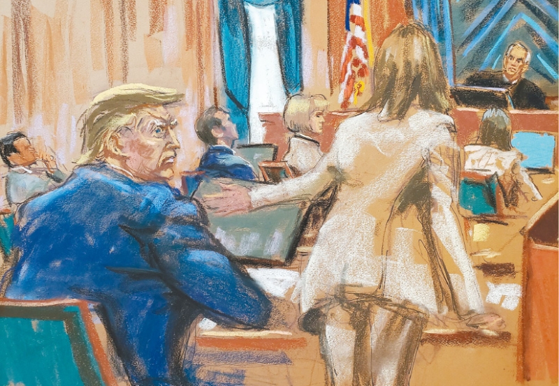 特朗普在在愛州黨團(tuán)會議中的壓倒性勝利后，16日就專欄作家卡羅爾新一宗誹謗案于紐約出庭。入稟的卡羅爾求償至少1000萬元。 路透社素描圖片