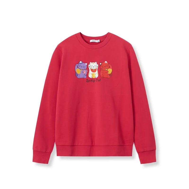 招財(cái)貓圖案紅色新年衛(wèi)衣，原價(jià)$199、現(xiàn)售$128，B。