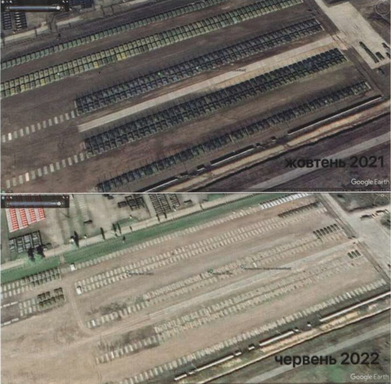 俄羅斯坦克裝甲車儲存基地有數(shù)千輛坦克，從2021年與2022年衛(wèi)星照片可以看出戰(zhàn)爭消耗大量的坦克裝甲車。Google Earth