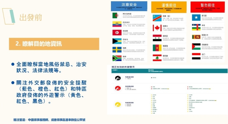 出游前小貼士。 （中國(guó)外交部駐港特派員公署PowerPoint）