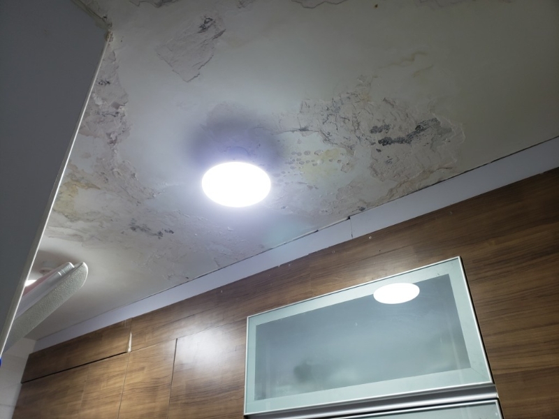 因為樓上滲水，羅太住所的廚房天花出現(xiàn)石屎剝落。