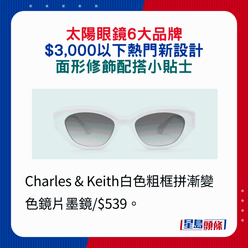 Charles & Keith白色粗框拼漸變色鏡片墨鏡 $539。