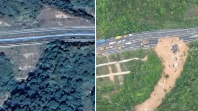 衛(wèi)星圖對比梅大高速塌陷事前事后慘況。