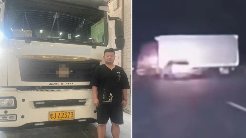 王向楠果斷將貨車停在路中心，阻止其他車向前駛。