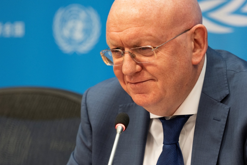 俄羅斯駐聯(lián)國大使涅班濟亞1日在聯(lián)合國總部舉行安理會俄國輪值記者會。（路透）