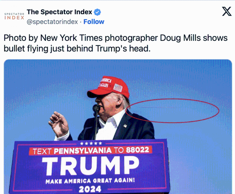 《紐約時(shí)報(bào)》（The New York Times）資深攝影記者米爾斯（Doug Mills）疑似拍到子彈在特朗普頭部附近呼嘯而過的震撼畫面。社交平臺(tái)X截圖