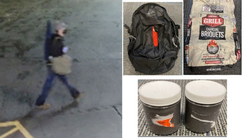 羅德里格斯被拍下行蹤，用黑色背囊裝炸彈，圖在中國駐華府大使館外引爆。 美國司法部圖片