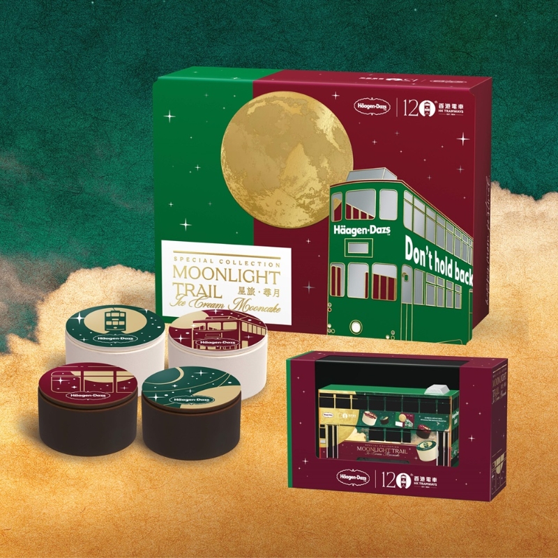 10.星旅．尋月月餅禮盒，特別版禮盒附送1比120的電車模型，備有士多啤梨、比利時朱古力、云呢嗱及焦糖脆餅雪糕月餅。（$438 H?agen-Dazs）