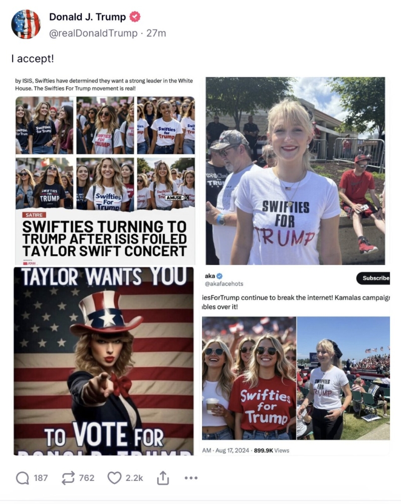 特朗普轉(zhuǎn)發(fā)的圖輯，除涉事圖片外，亦有其他諷刺成分的圖片和文章（Truth Social@realDonaldTrump）