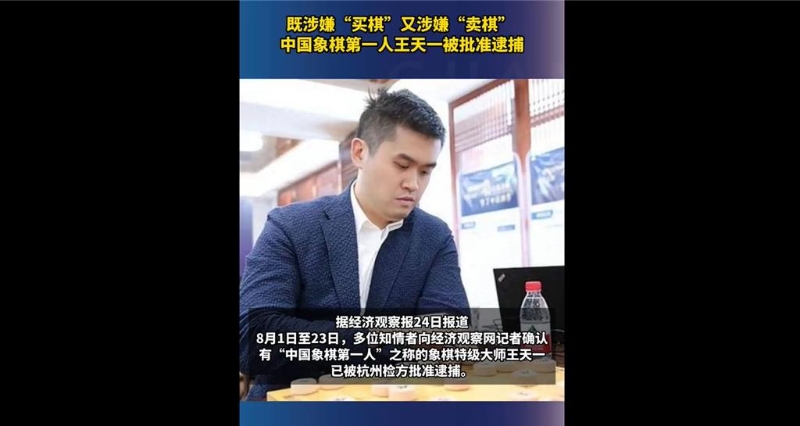 有“中國象棋第一人”的象棋棋手王天一，因涉嫌“買棋賣棋”被杭州檢方批準(zhǔn)逮捕