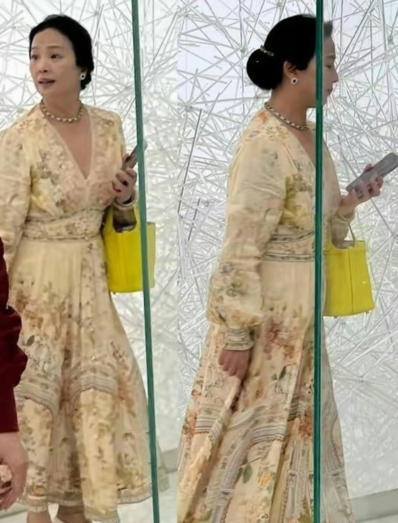 近日有網(wǎng)民在小紅書上載劉曉莉逛展覽的照片，見她盤起頭發(fā)，身穿碎花雪紡連身長裙，腳踏白色高跟鞋，佩戴耳環(huán)和頸鏈，打扮精致。