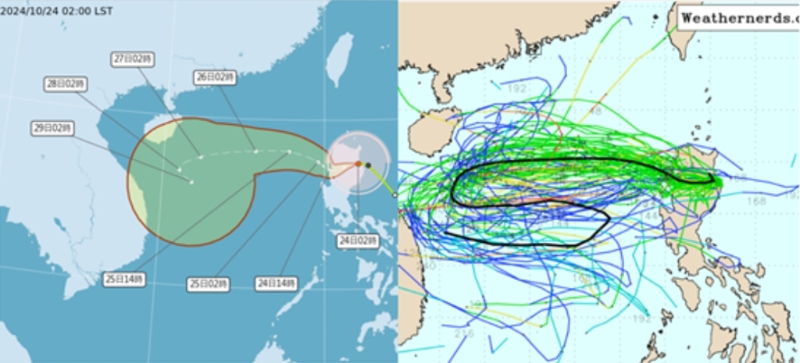 氣象署潛勢(shì)預(yù)測(cè)圖（左）顯示，明天潭美中心通過呂宋島進(jìn)入南海，27日至29日移速減慢，不確定范圍明顯擴(kuò)大。最新歐洲模式系集模擬圖（右）顯示，各別模擬路徑則近乎「麻花狀」的分布。（翻攝氣象推廣基金會(huì)）