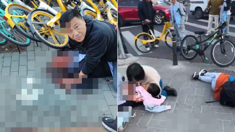 現(xiàn)場有多名學童受傷倒地，疑兇（左）被當場制服。 影片截圖