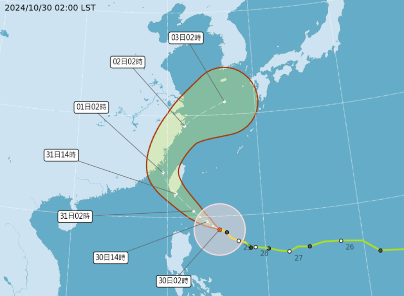 氣象署今晨5點半發(fā)布陸上臺風警報，依目前路徑來看，康芮預(yù)估明天中午前后從臺東登陸。（中央氣象署提供）