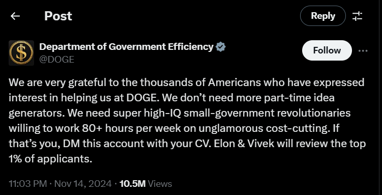 圖為“政府效率部”當(dāng)?shù)貢r(shí)間14日在其官方X平臺(tái)賬號(hào)上發(fā)布的招聘啟事 圖為“政府效率部”當(dāng)?shù)貢r(shí)間14日在其官方X平臺(tái)賬號(hào)上發(fā)布的招聘啟事