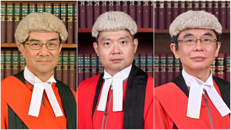 主審法官包括《香港國(guó)安法》指定法官陳慶偉、李運(yùn)騰及陳仲衡（由左至右）。