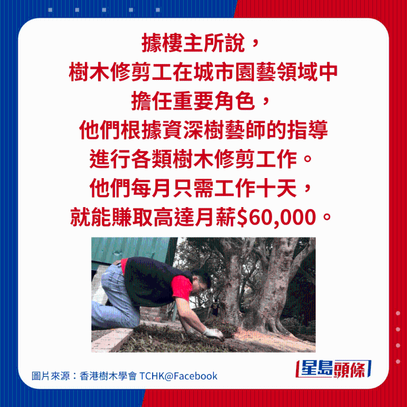 據(jù)樓主所說(shuō)， 樹(shù)木修剪工在城市園藝領(lǐng)域中 擔(dān)任重要角色， 他們根據(jù)資深樹(shù)藝師的指導(dǎo) 進(jìn)行各類樹(shù)木修剪工作。 他們每月只需工作十天， 就能賺取高達(dá)月薪$60,000。