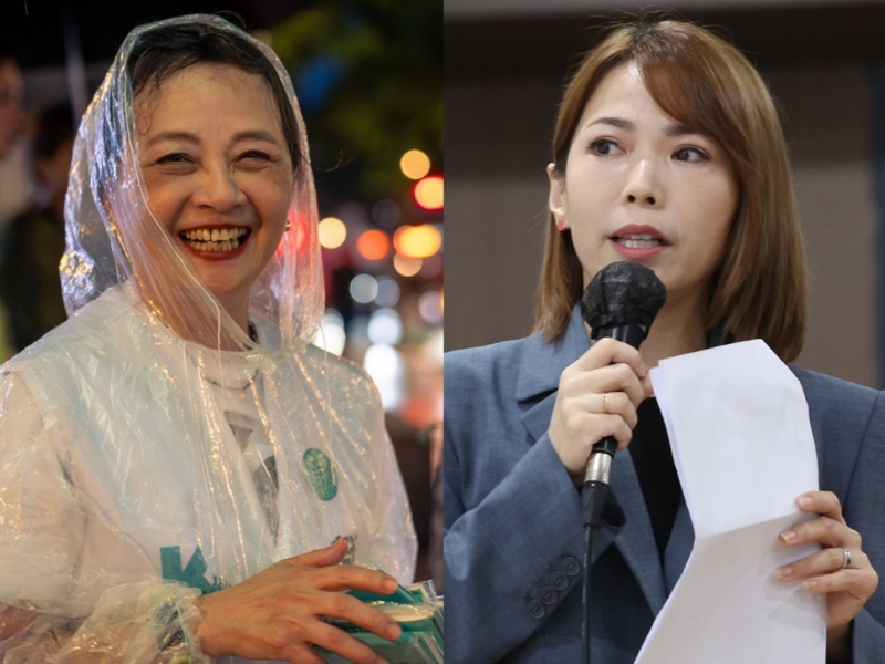 圖為民眾黨創(chuàng)黨元老大媽老司機(jī)朱蕙蓉（左）、民眾黨立院團(tuán)主任陳智菡（右）。