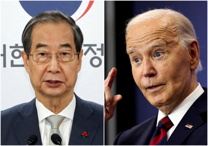 南韓總統(tǒng)尹錫悅14日因戒嚴(yán)風(fēng)波遭國(guó)會(huì)通過(guò)彈劾，美國(guó)總統(tǒng)拜登15日上午和南韓代理總統(tǒng)、國(guó)務(wù)總理韓悳洙（上圖左）通話。（路透社）