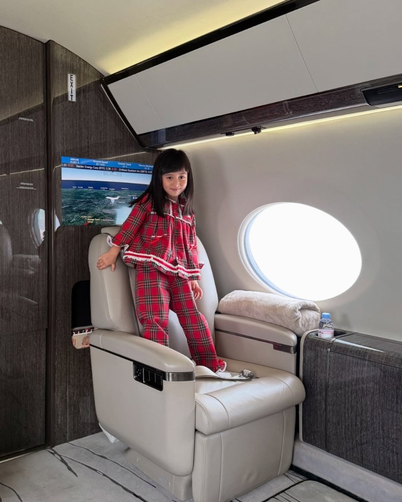 女兒在私人飛機(jī)上企上座椅。