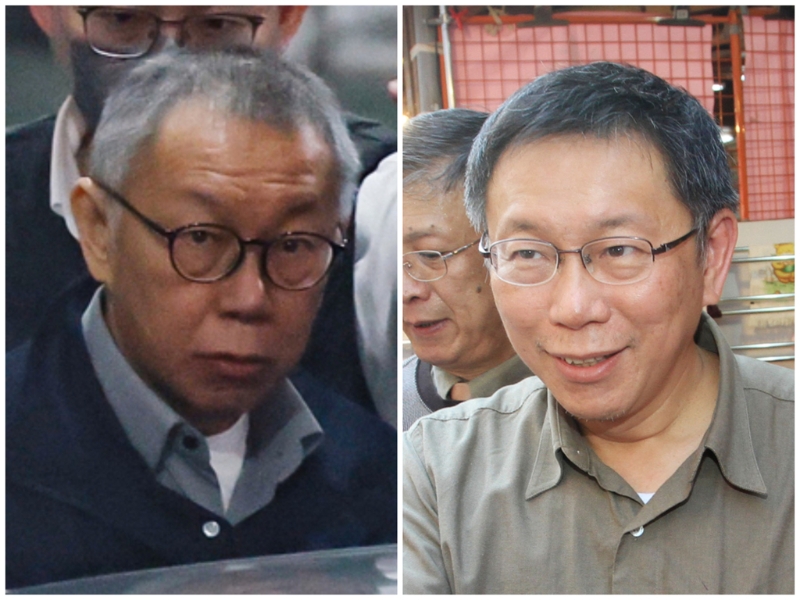 圖為民眾黨主席柯文哲被拍到一頭白發(fā)被提訊（左），與2014年1月在迪化街發(fā)春聯(lián)（右）的模樣對(duì)比。