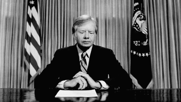 卡特1980年發(fā)表全國電視講話，宣布營救在伊朗被挾持的美國人質失敗。 美聯(lián)社