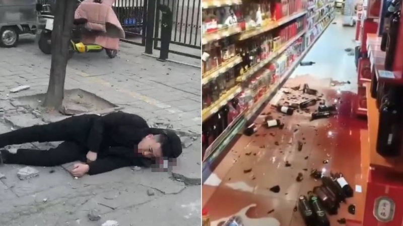 寧夏銀川永寧縣發(fā)生4.8級地震，有民眾被震碎的外墻物料擊傷倒地，超市貨架紅酒被震跌。