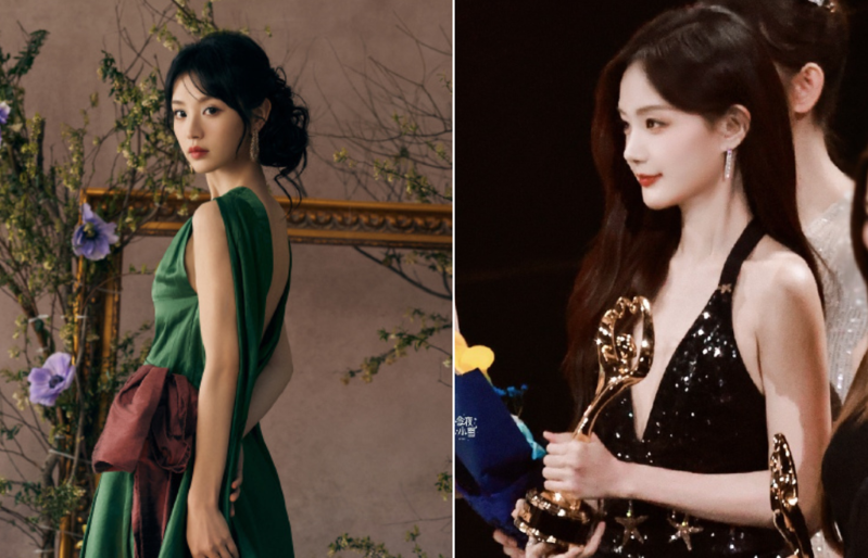 田曦薇（左）穿著Imane Ayissi 2023秋冬高定禮服，李一桐則是黑色長裙亮相，胸前深V剪裁讓好身材一覽無遺。.png