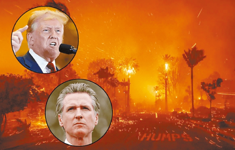 洛杉磯大山火引發(fā)加州州長(zhǎng)紐森與候任總統(tǒng)特朗普隔空交鋒，紐森早前對(duì)特朗普的個(gè)人攻擊表達(dá)不滿，他表示特朗普將災(zāi)害政治化，忽略救援民眾。 美聯(lián)社合并圖片